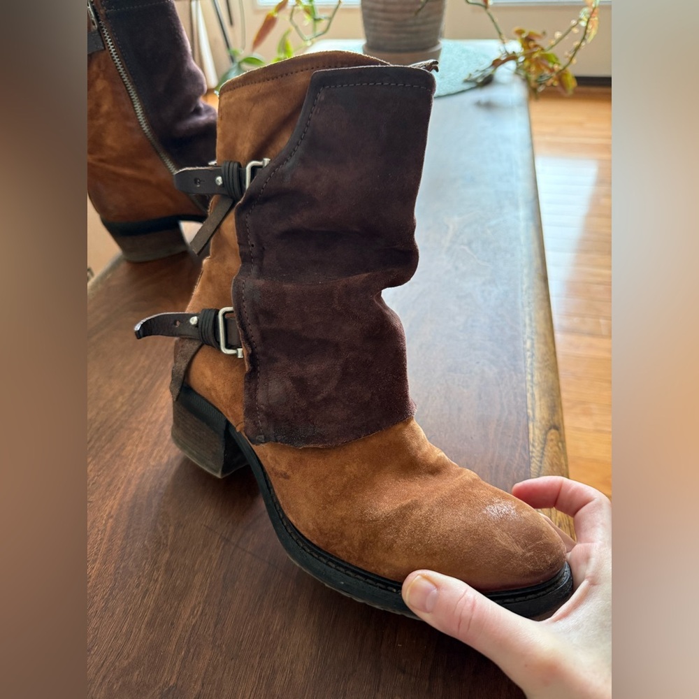 A.S.98 Leather Ankle Boots Tan Distressed Buckle Moto Boho Size 9